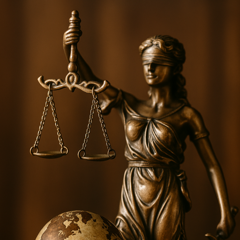 Justitia für das Weltrecht Eine Statue der Justitia mit Augenbinde, Waage und Globus.