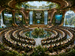 Natur-, Tier- und Wasserparlament Futuristischer Konferenzraum mit Pflanzen, Wasserfällen und runden Tischen.