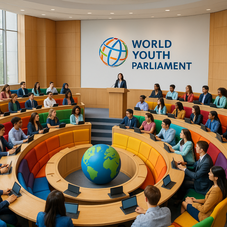Aufbau Weltjugendparlament © Alexander Donath Bühne und Präsentationsbereich des Weltjugendparlamentes.