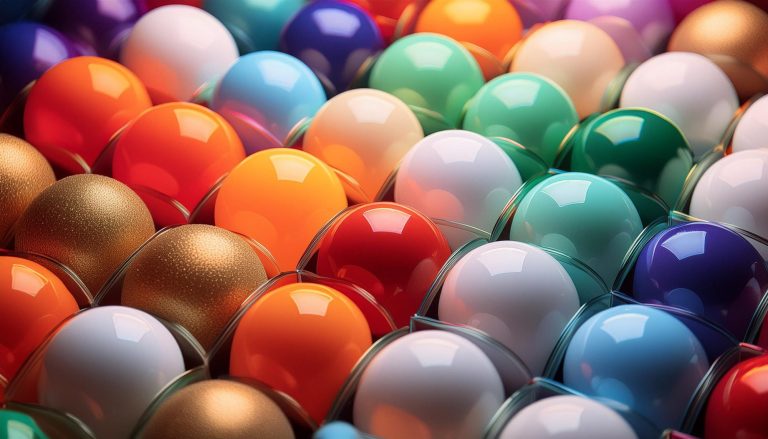 Farbige Loskugeln für die Quarter Auswahl Matrix Bunte, glänzende Kunststoffkugeln in verschiedenen Farben dicht nebeneinander angeordnet.