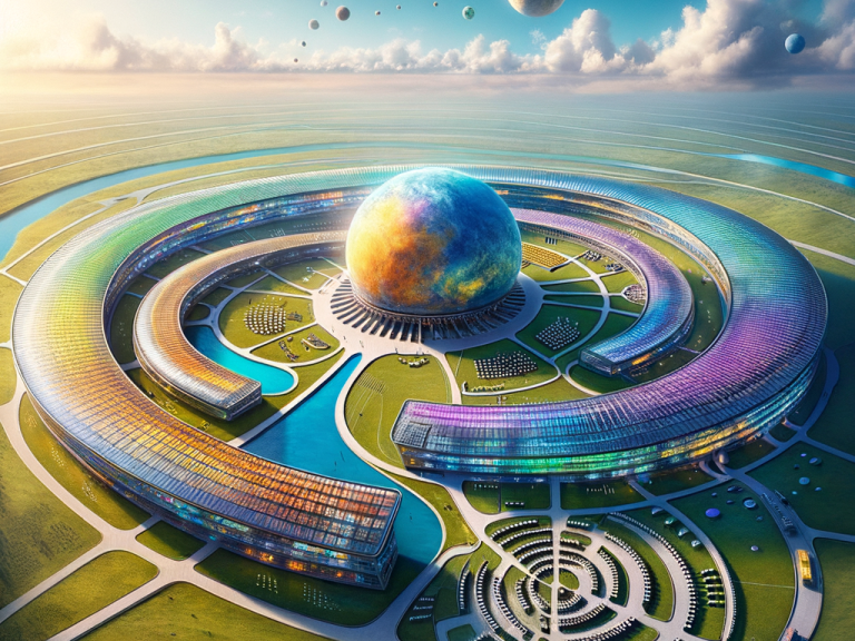 Parlamentsgebäude Futuristisches Parlamentsgebäude mit bunter Kuppel und geschwungenen Gebäuden.