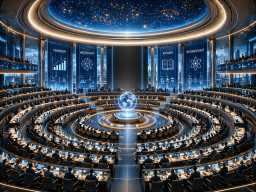 Kammer: Evolutionsparlament Futuristische Konferenzhalle mit globalem Fokus, umgeben von modernen Datendiagrammen.
