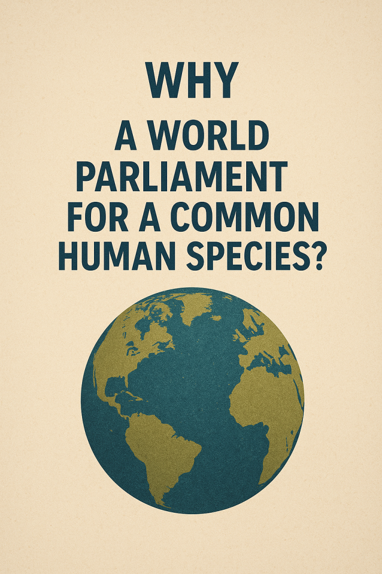Warum ein Weltparlament Text: "Warum ein Weltparlament für eine gemeinsame menschliche Spezies?" mit einer Weltkarte.
