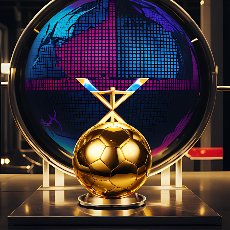 Ball der Entscheidung Goldener Fußballpreis vor einem bunten, holografischen Hintergrund.